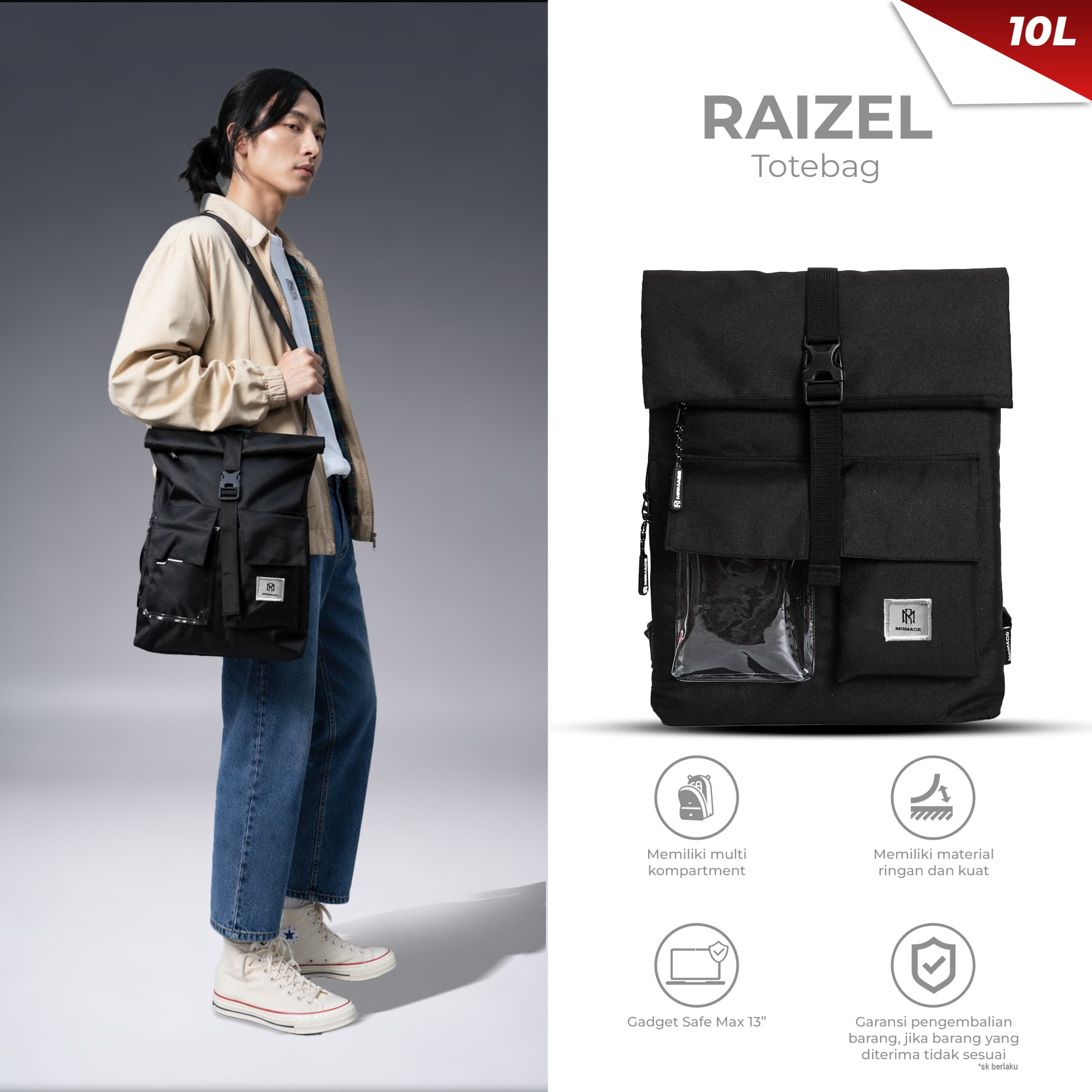 Mr Mads - Raizel Backpack Totebag - Tas Ransel Pria Wanita Outdoor - Waterproof Slot Laptop Ready Multfungsi